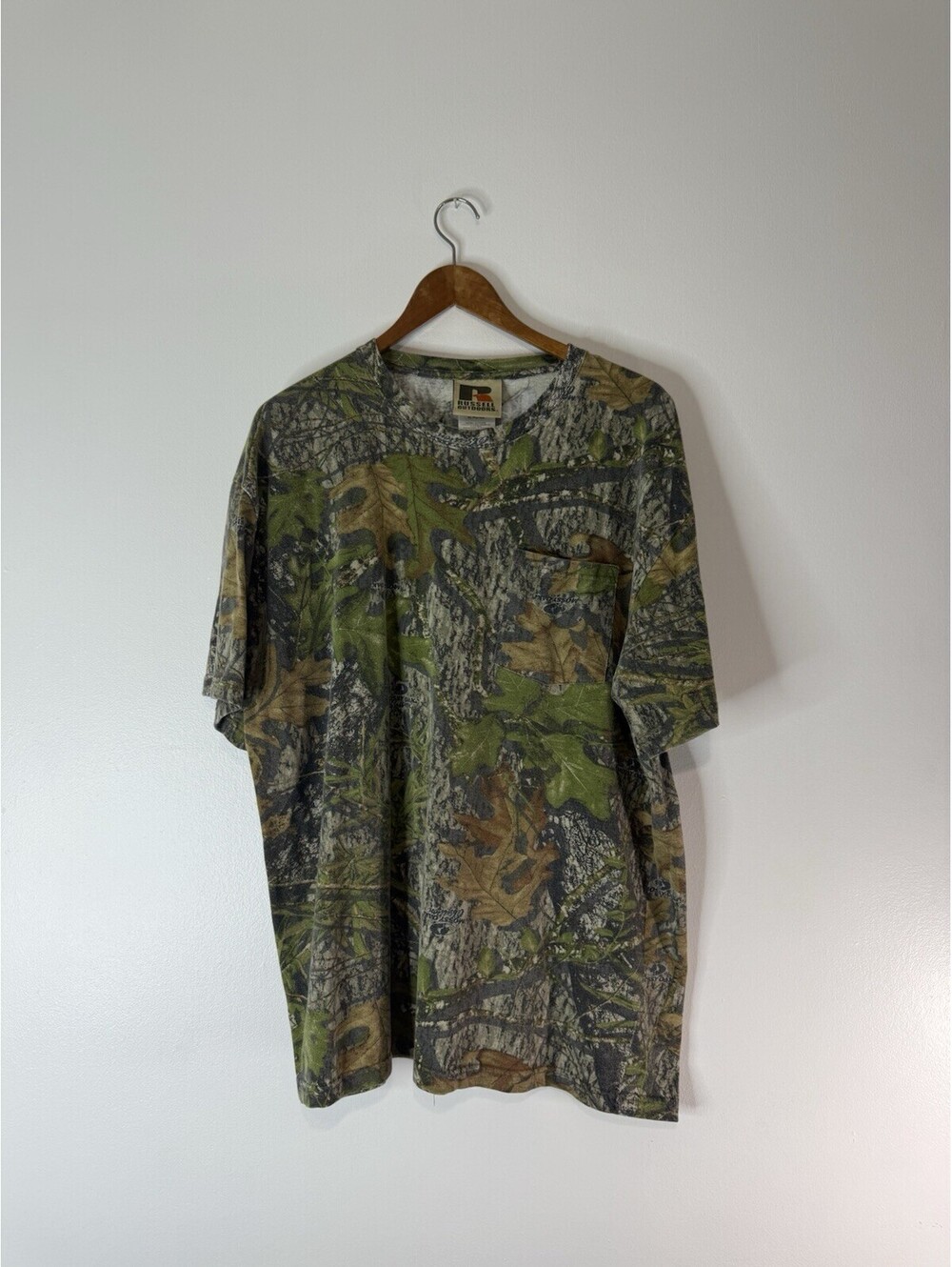 Vtg 90s Russell Outdoors Camo Pocket T Shirt Mens XL Mossy Oak Breakup Hunting